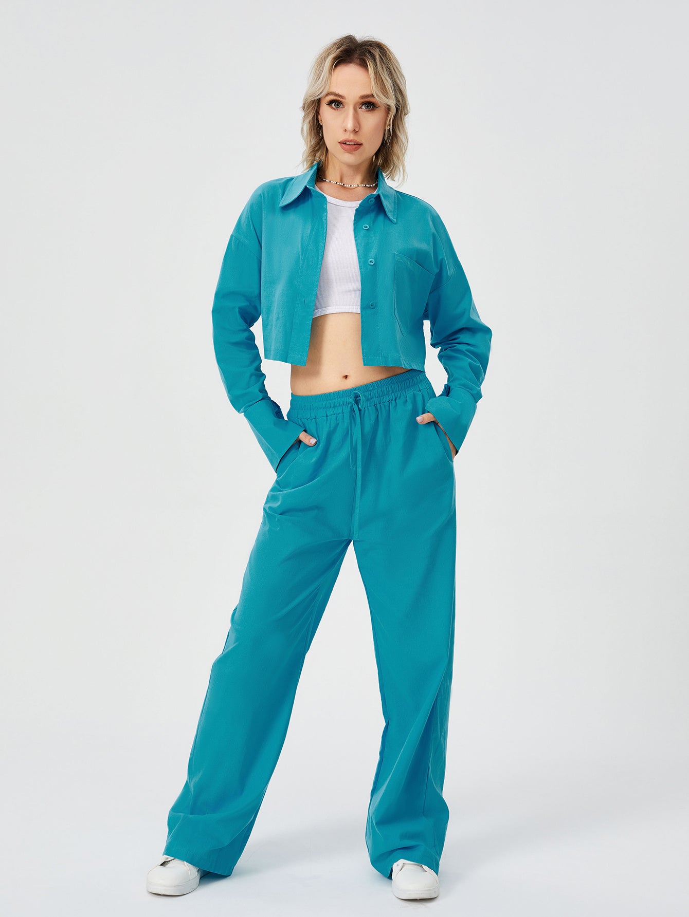 Women Two Piece Outfits For Women Long Sleeve Button Down Wide Leg Loungewear Pajama Set - Sport Girls USA
