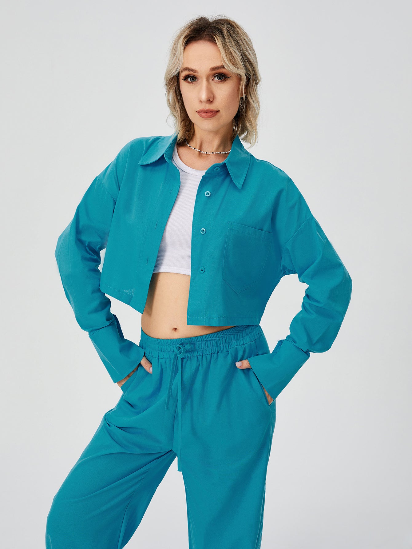 Women Two Piece Outfits For Women Long Sleeve Button Down Wide Leg Loungewear Pajama Set - Sport Girls USA