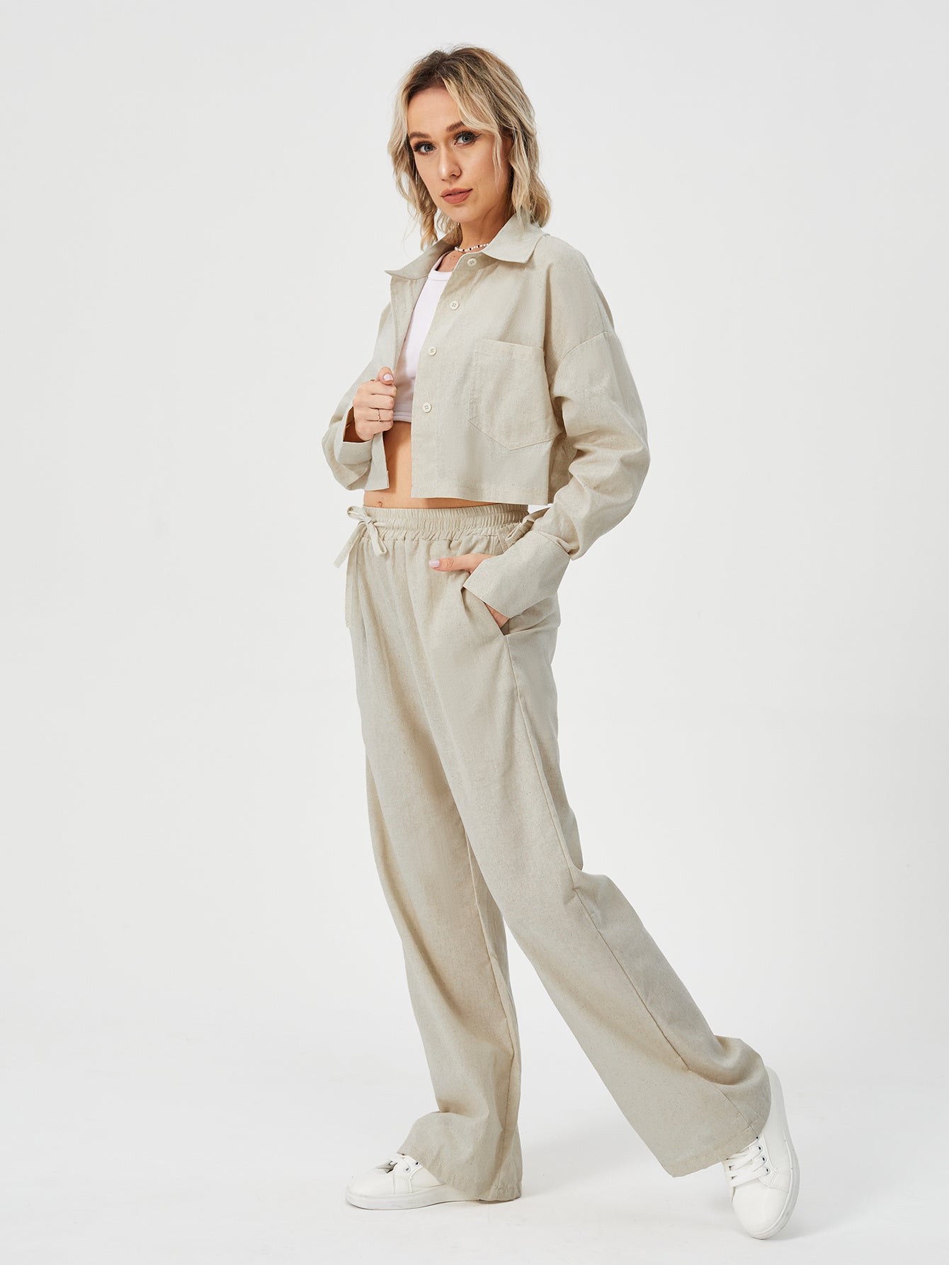 Women Two Piece Outfits For Women Long Sleeve Button Down Wide Leg Loungewear Pajama Set - Sport Girls USA