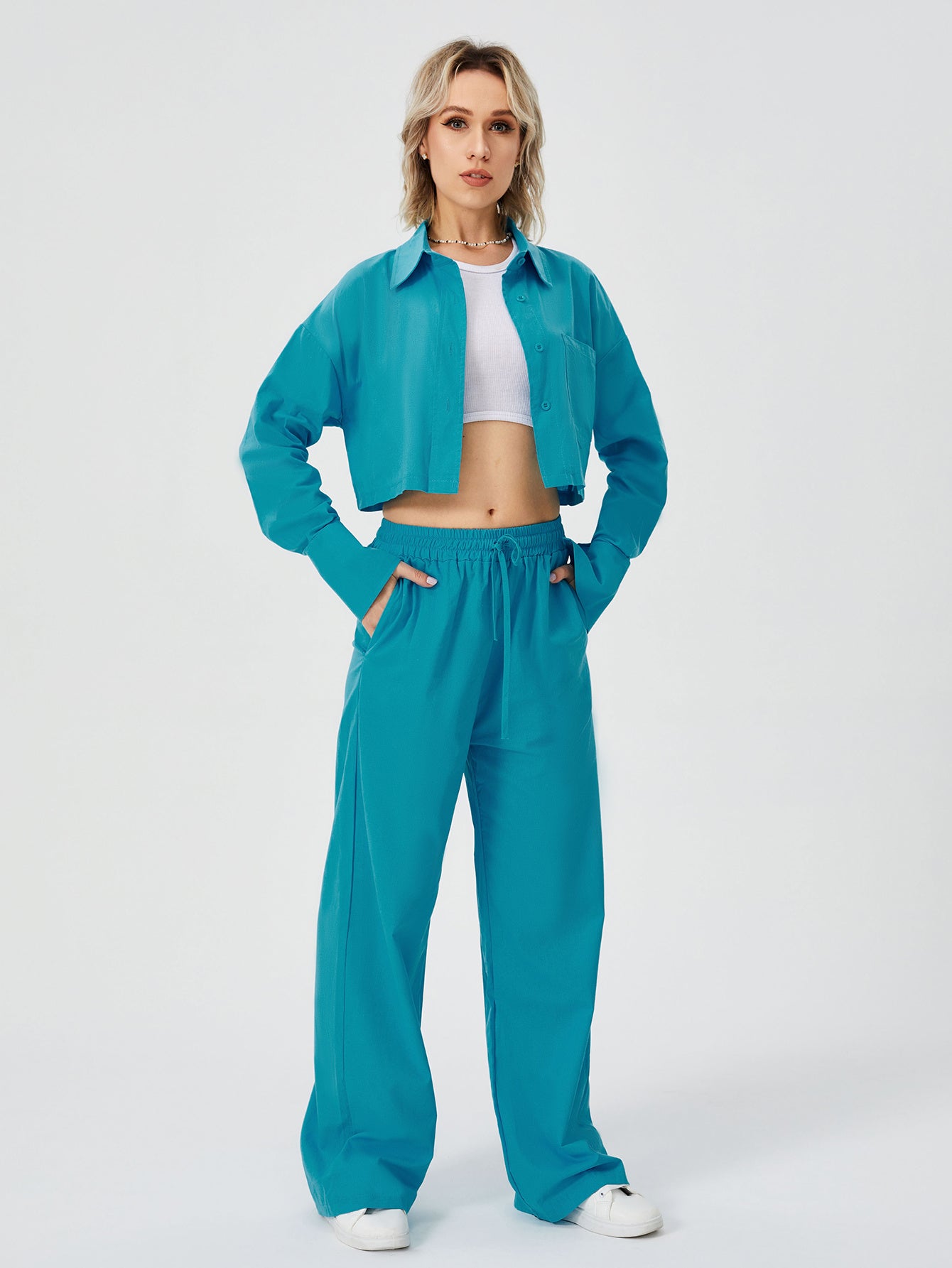 Women Two Piece Outfits For Women Long Sleeve Button Down Wide Leg Loungewear Pajama Set - Sport Girls USA