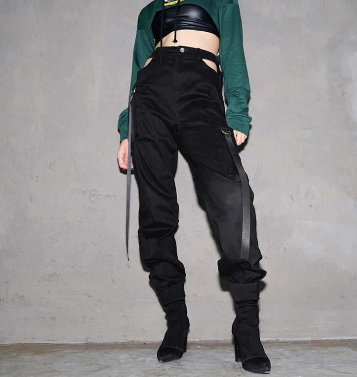 Women Black High Waist Pencil Pants Pockets Patckwork Hollow Out Pants Fashion Women Streetwear Cargo Pants Women Pants - Sport Girls USA