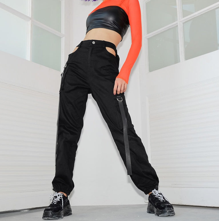 Women Black High Waist Pencil Pants Pockets Patckwork Hollow Out Pants Fashion Women Streetwear Cargo Pants Women Pants - Sport Girls USA